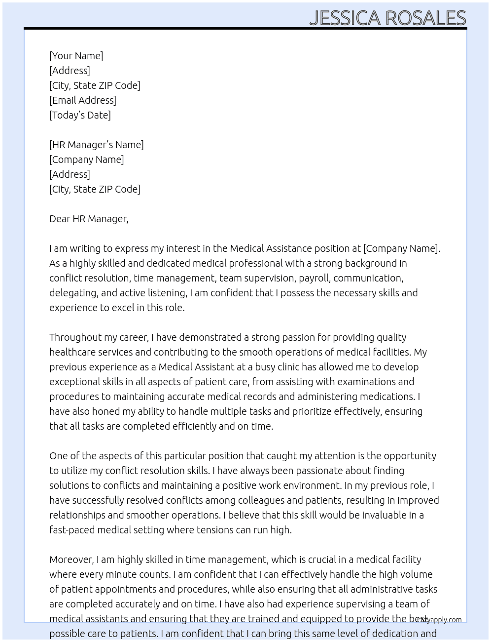 MEDICAL  ASSISTANCE At MEDICAL CLINIC Cover Letter