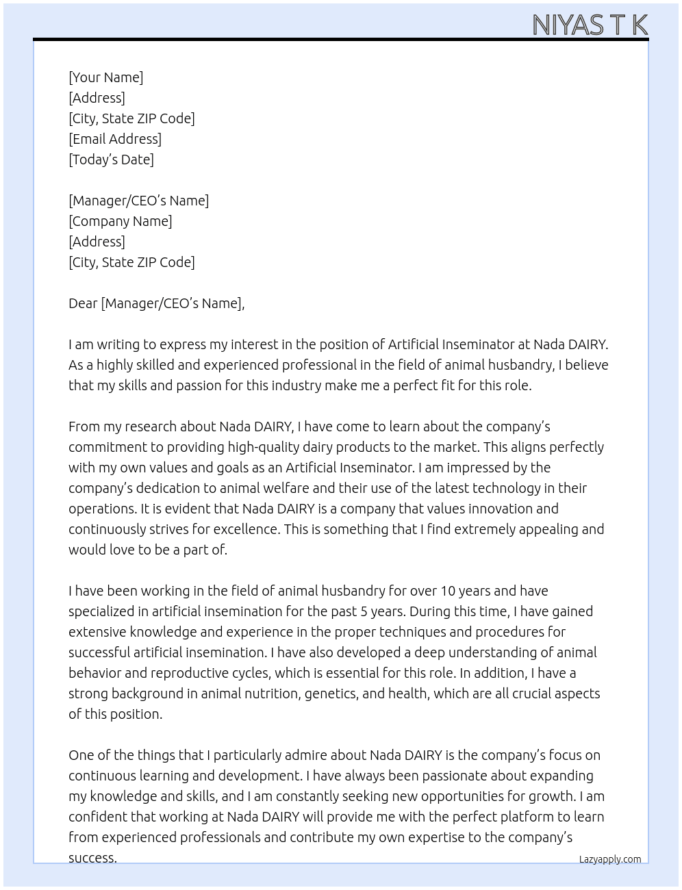 Artificial inseminator At Nada DAIRY  Cover Letter