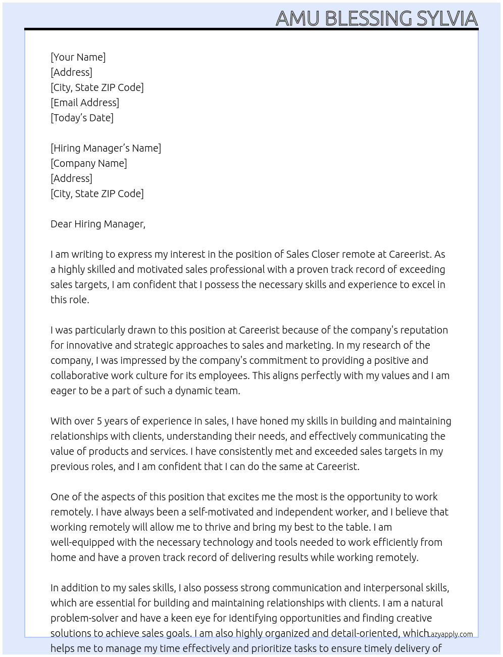 Sales Closer remote At Careerist Cover Letter