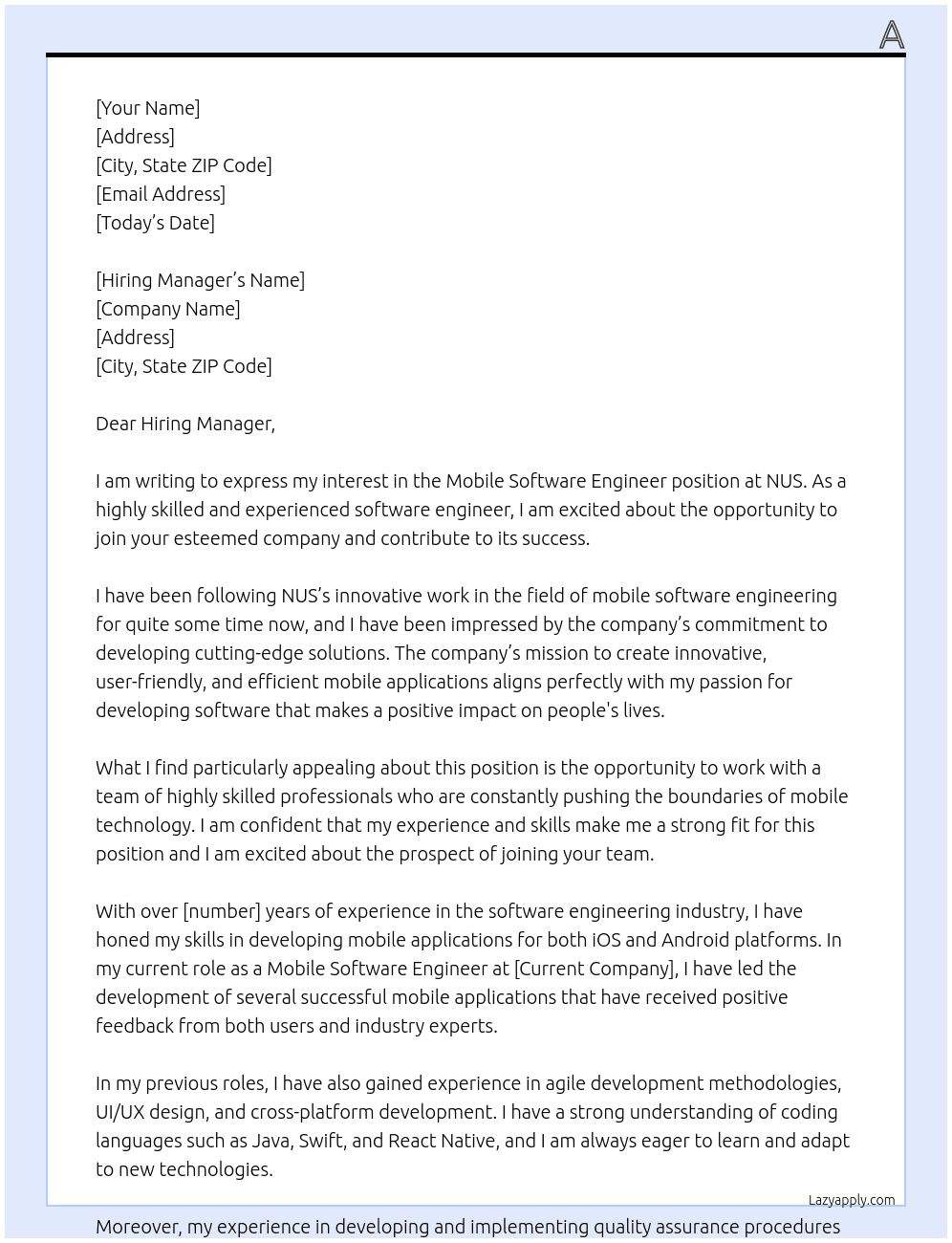 Mobile Software Engineer At NUS Cover Letter