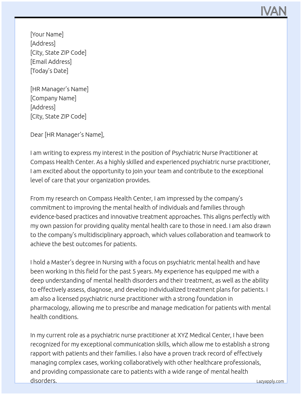 Psychiatric Nurse Practitioner At Compass health center Cover Letter
