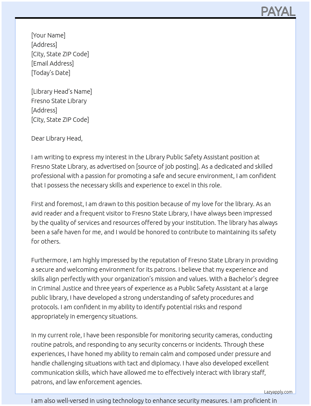 Library Public Safety Assistant  At Fresno State Library  Cover Letter