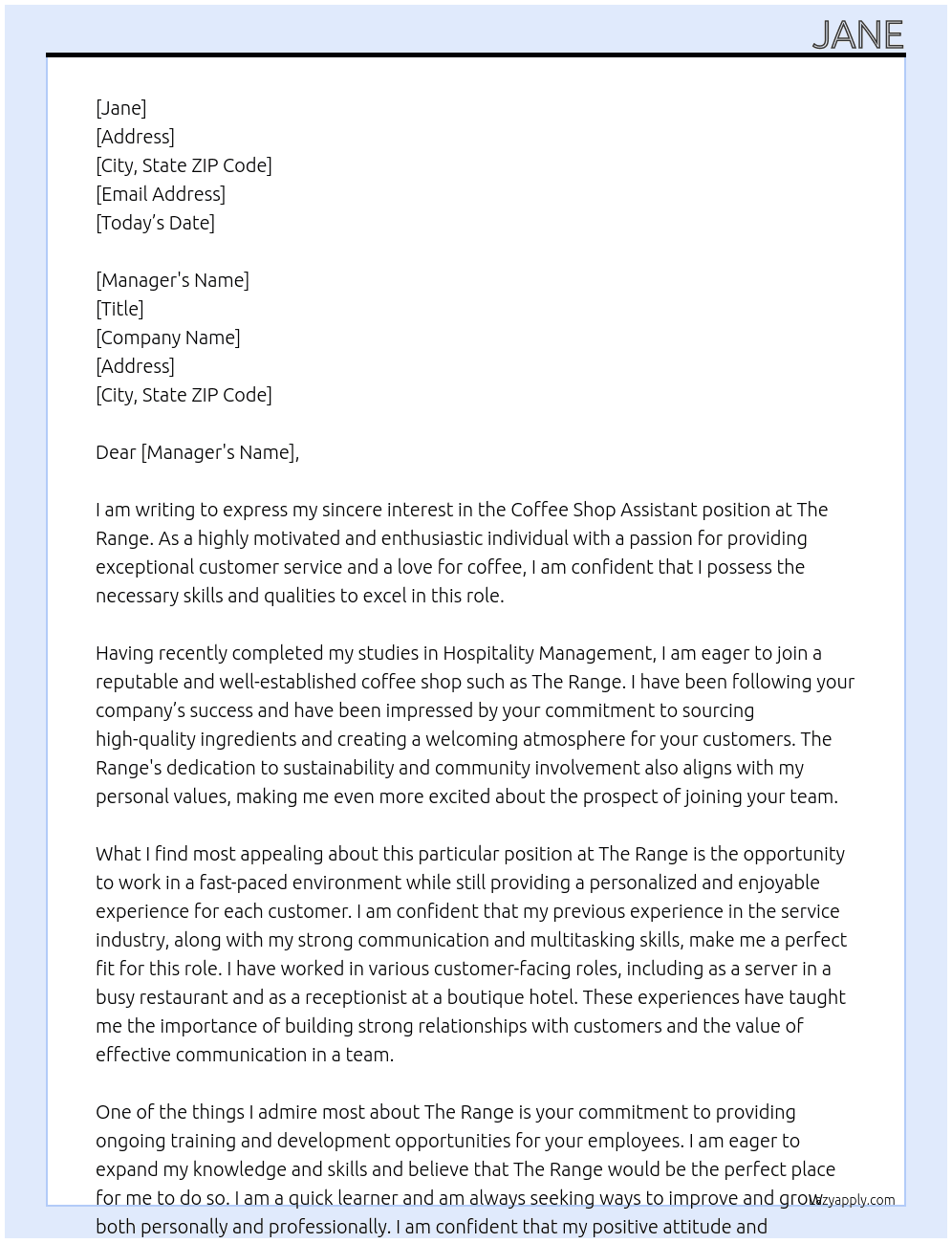 Coffee shop assistant  At The range Cover Letter
