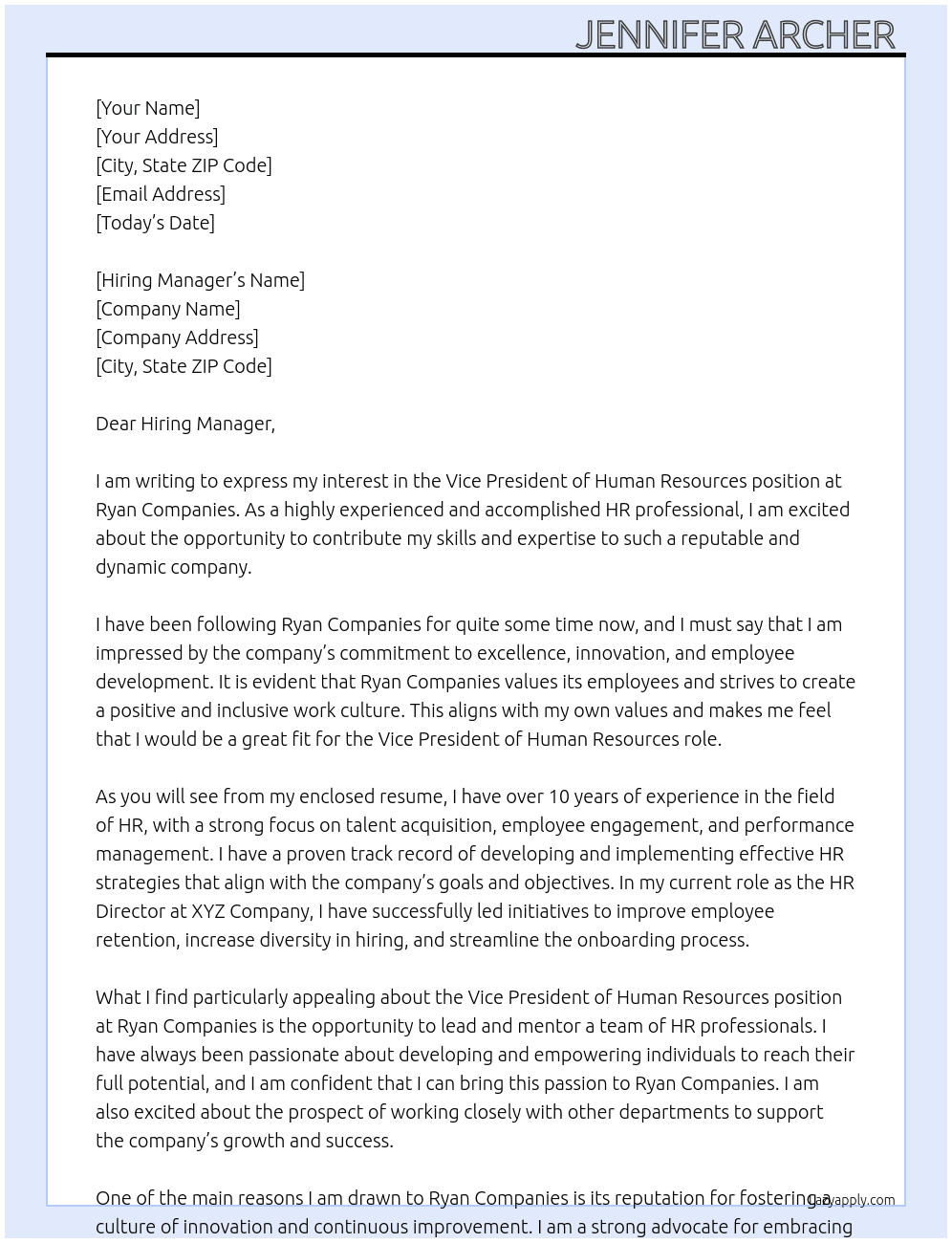 Vice President of Human Resources At Ryan Companies Cover Letter