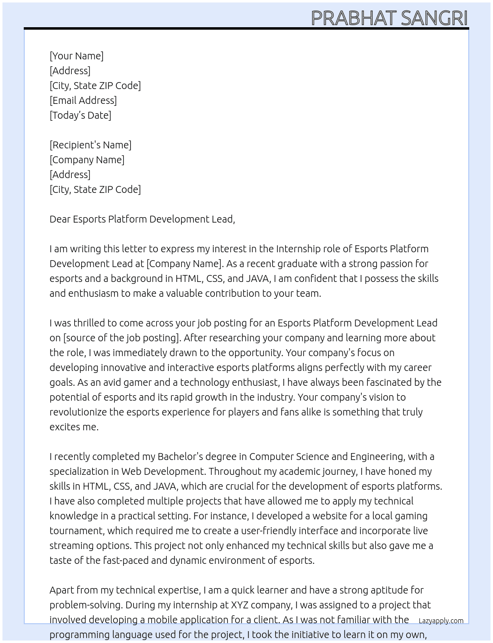 it fresher  At Esports Platform Development Lead Cover Letter