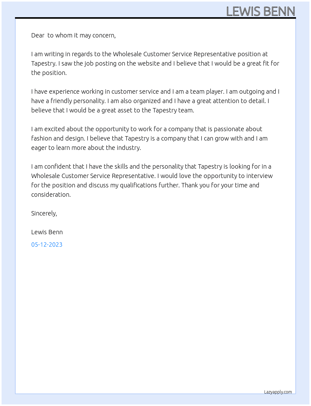 Wholesale Customer Service Representative At Tapestry Cover Letter