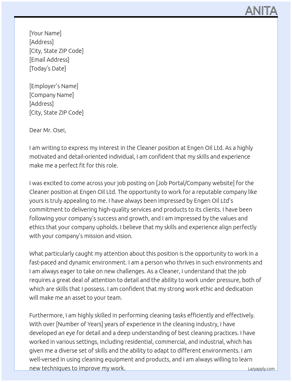 Cleaner At Engen Oil Ltd Cover Letter