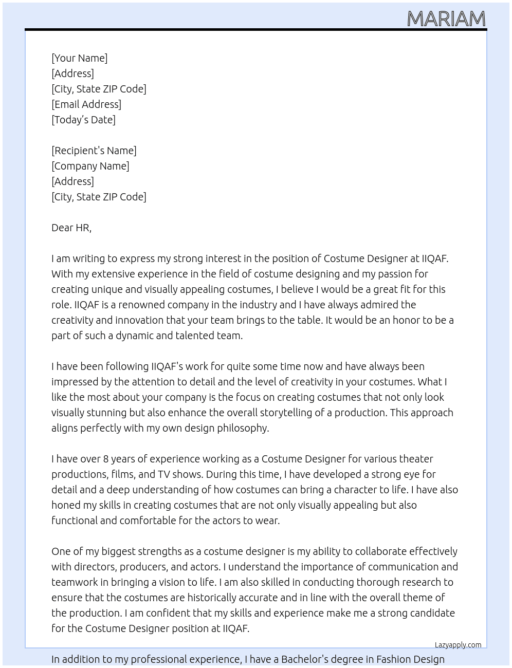 Costume designer  At IIQAF Cover Letter