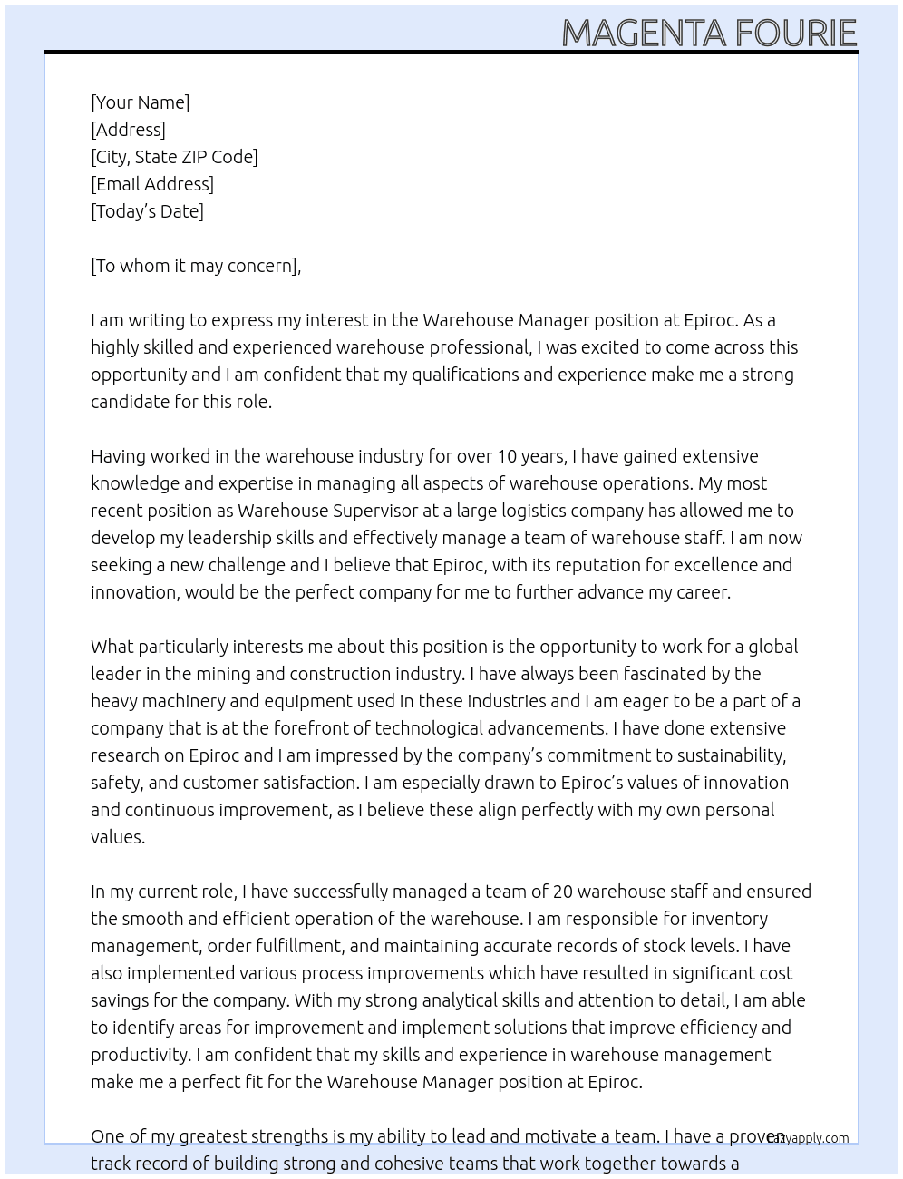 Warehouse Manager At Epiroc Cover Letter