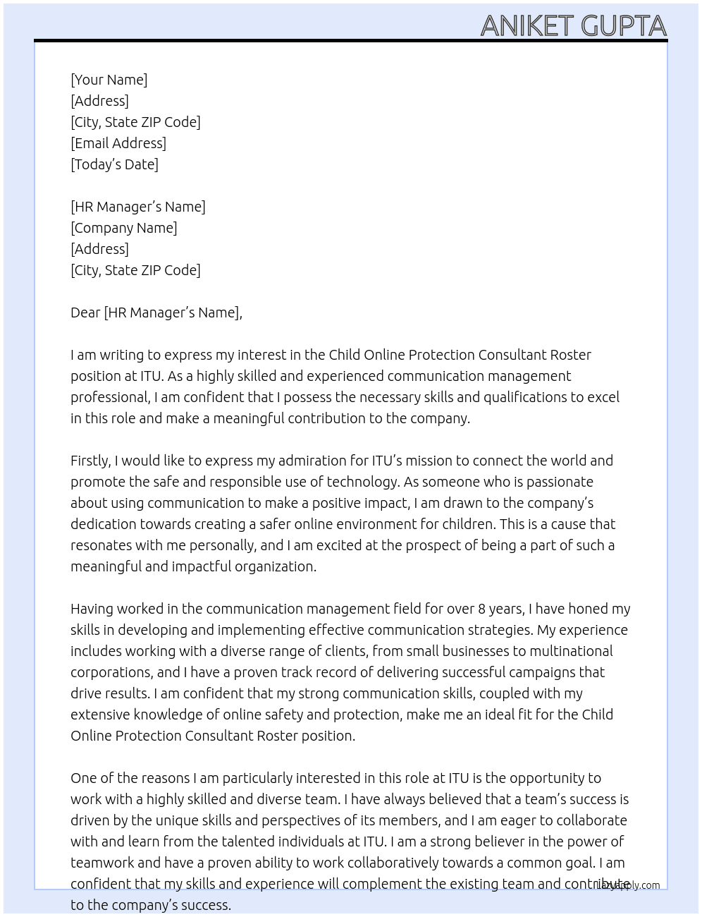 Child Online Protection Consultant Roster At ITU Cover Letter