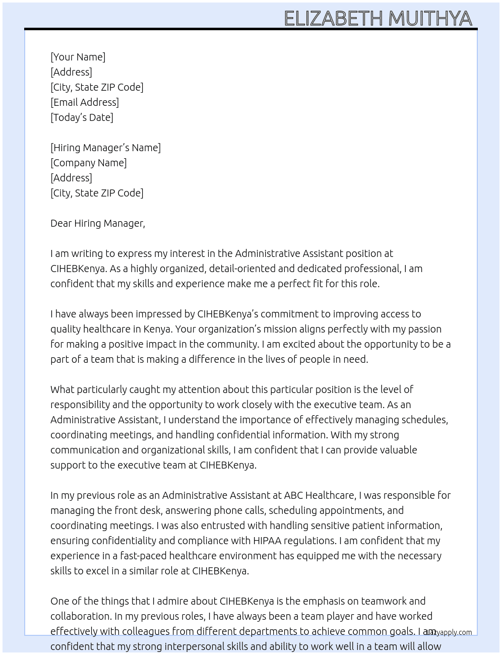 Administrative Assistant  At CIHEBKenya Cover Letter