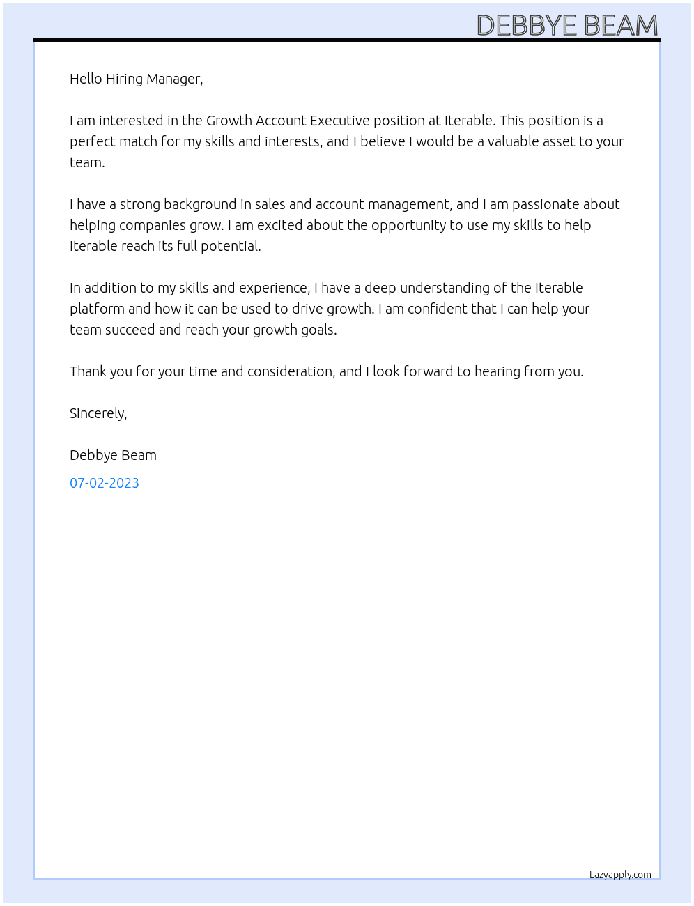 Growth Account Executive  At Iterable  Cover Letter