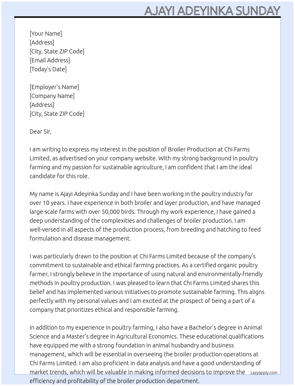 Broiler Production At Chi Farms Limited  Cover Letter