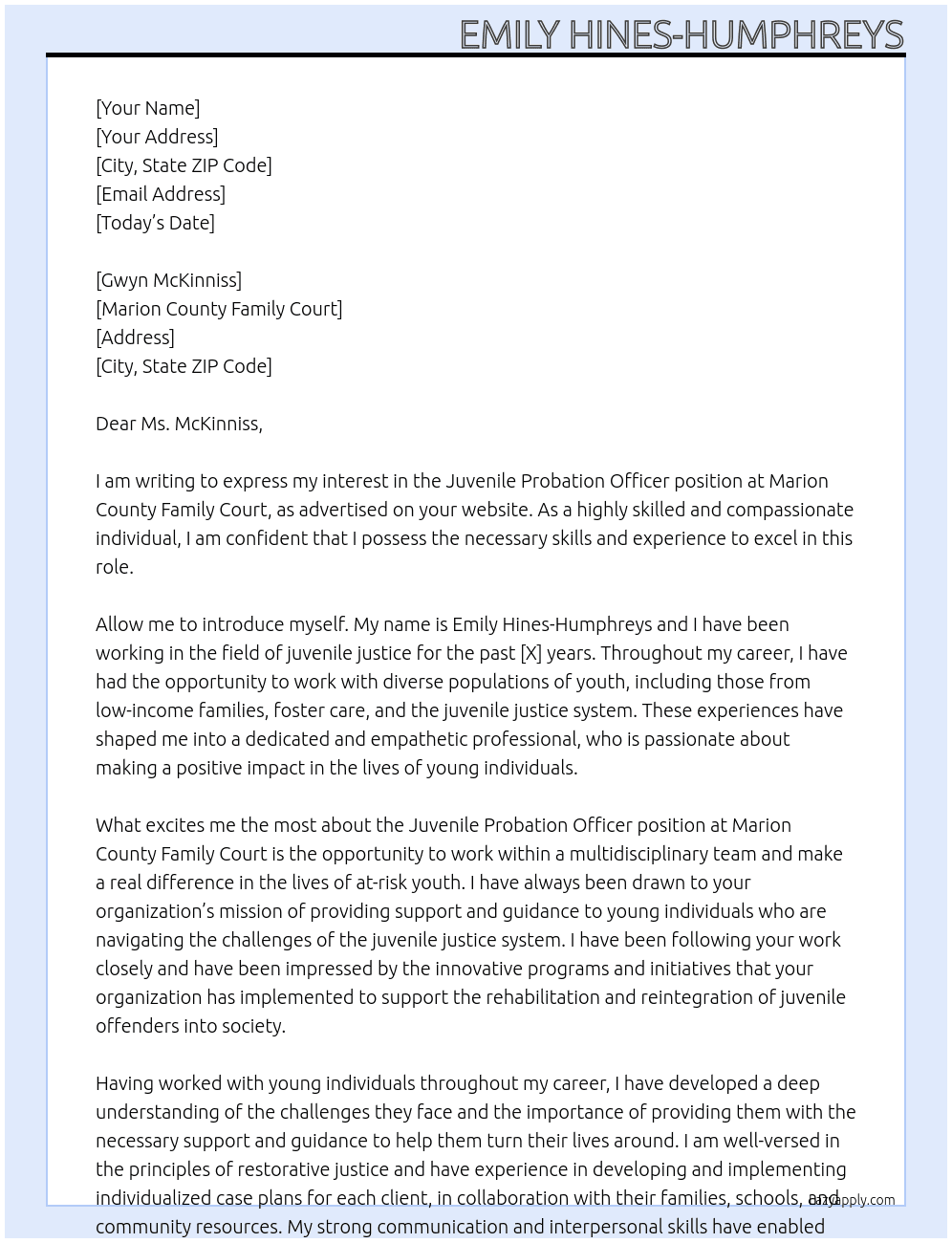 Juvenile Probation Officer At Marion County Family Court Cover Letter