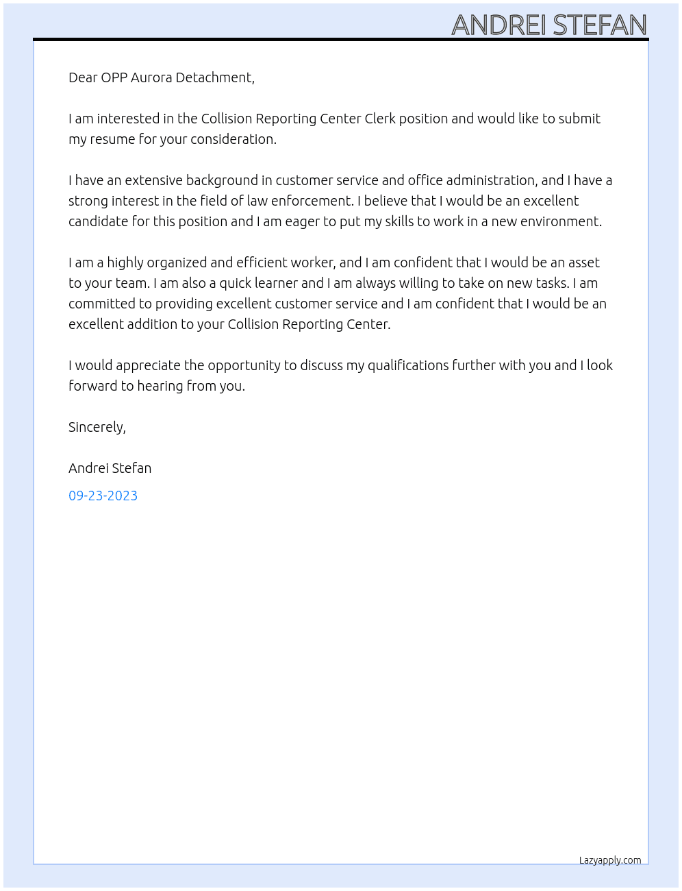 Collision Reporting Center Clerk At Ontario Provincial Police Cover Letter
