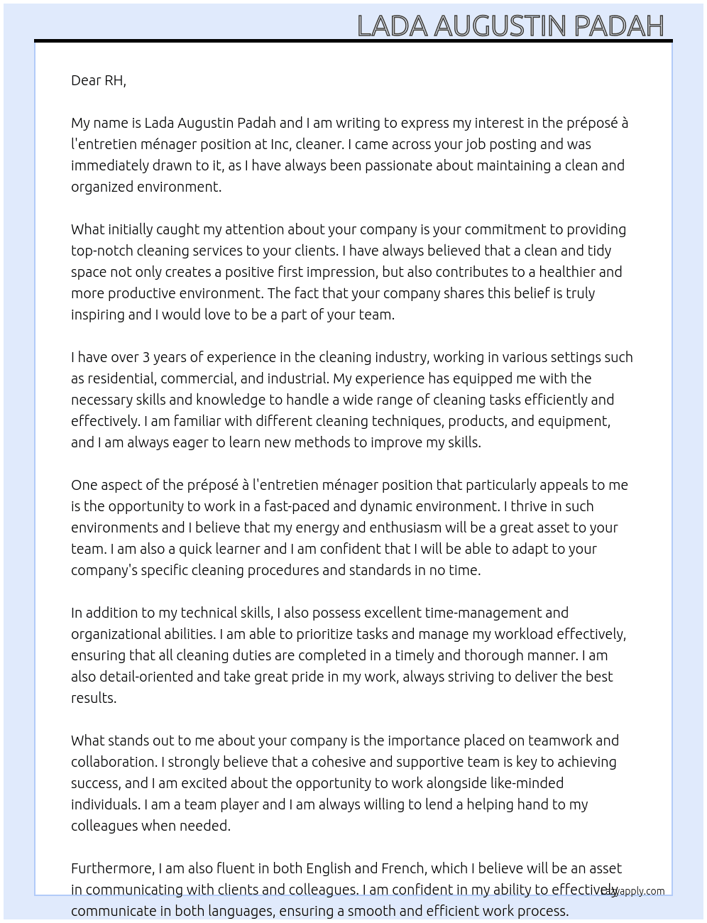 préposé à l'entretien ménager  At Inc, cleaner  Cover Letter