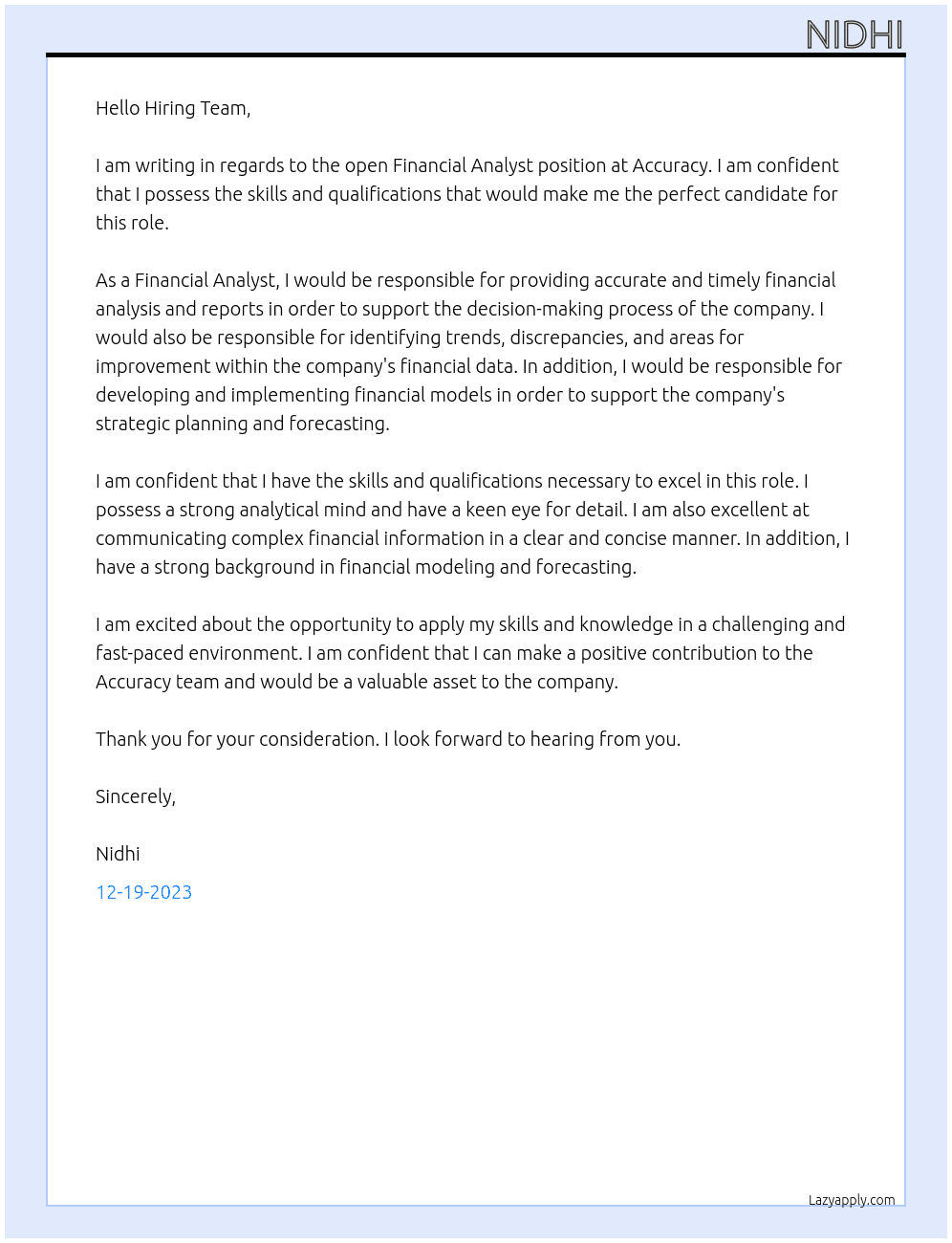 Financial Analyst At Accuracy Cover Letter