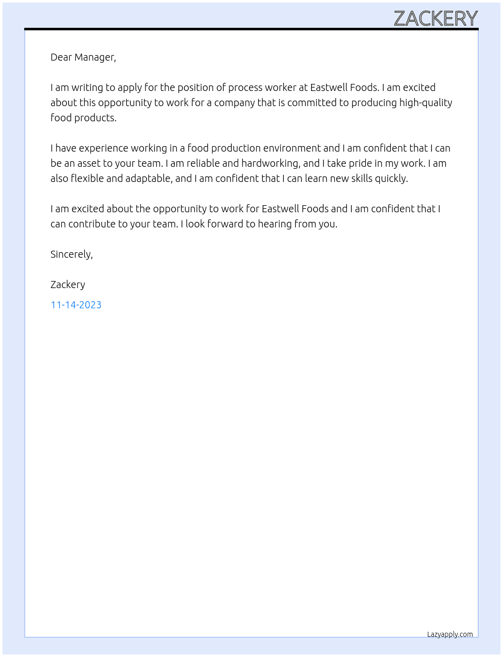 process worker At Eastwell Foods Cover Letter