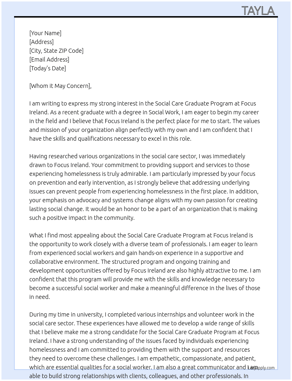 Social Care Graduate Program At Focus Ireland  Cover Letter