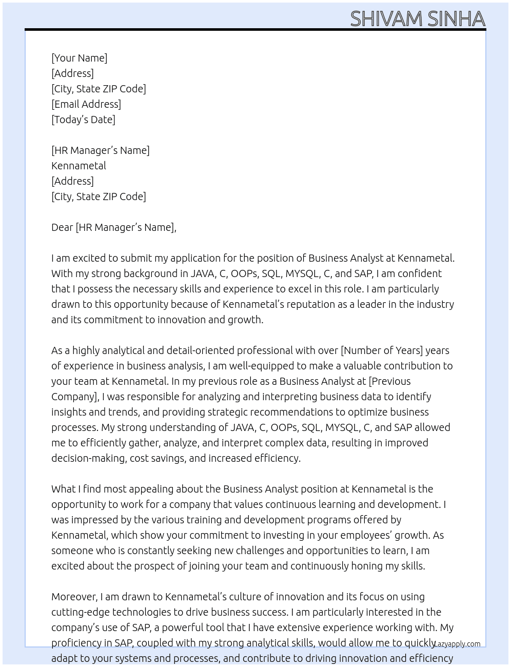 Business Analyst At Kennametal Cover Letter