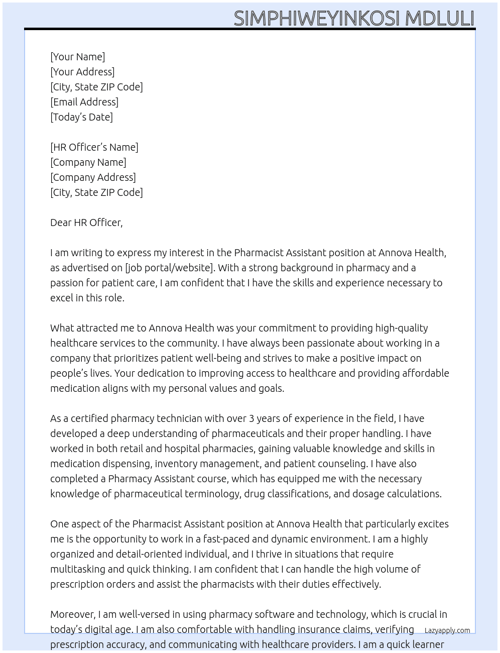 Pharmacist Assistant At Annova Health Cover Letter