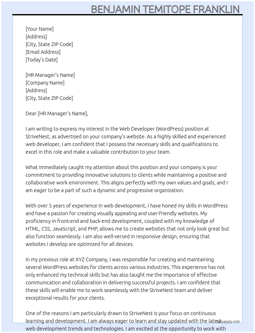Web Developer (WordPress) At StriveNest Cover Letter