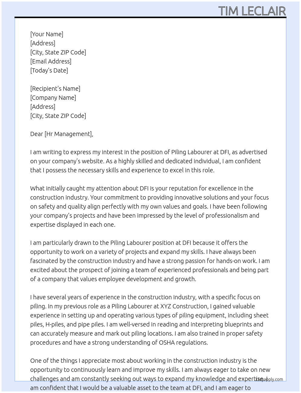 Piling labourer At DFI Cover Letter