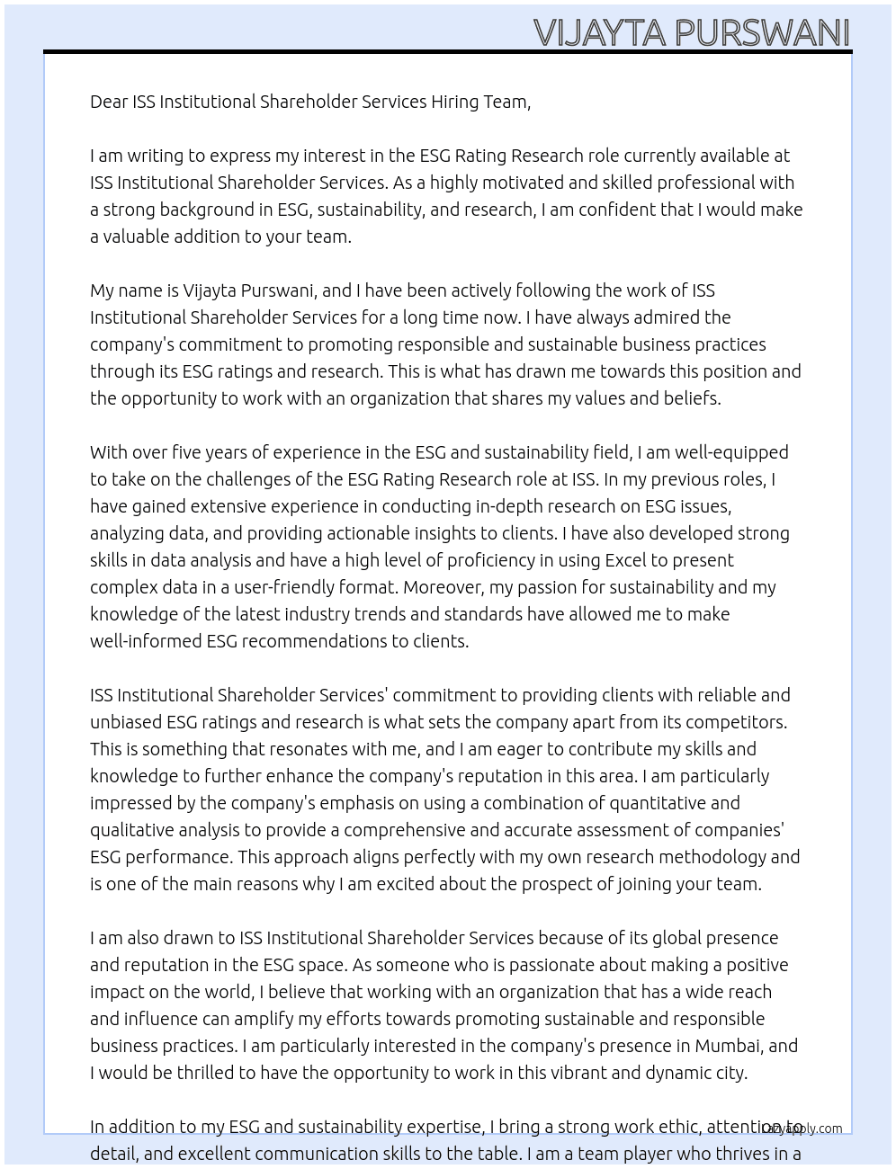 ESG Rating Research role  At ISS- INSTITUTIONAL SHAREHOLDER SERVICES  Cover Letter