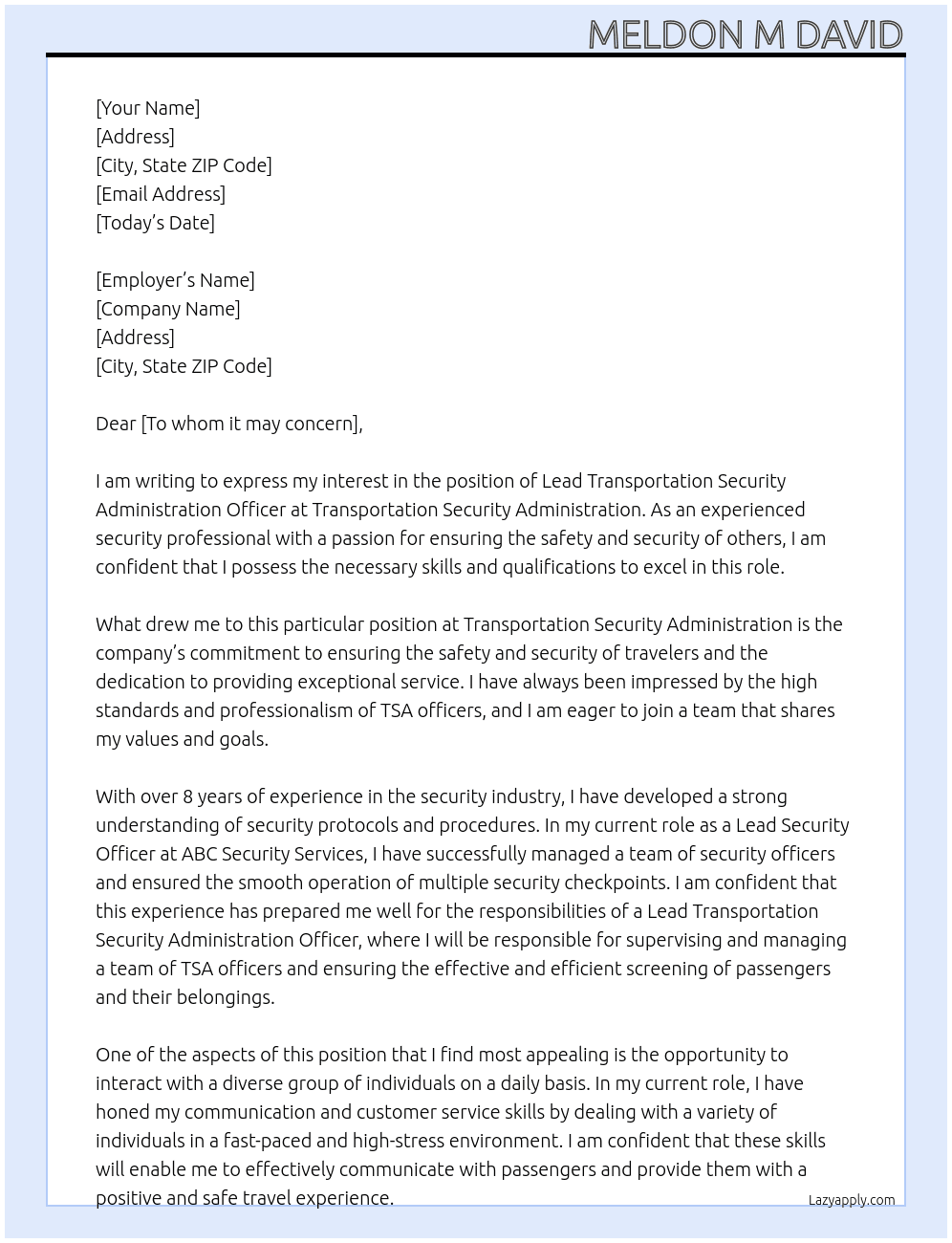Lead Transportation Security Administration Officer  At Transportation Security Administration Cover Letter