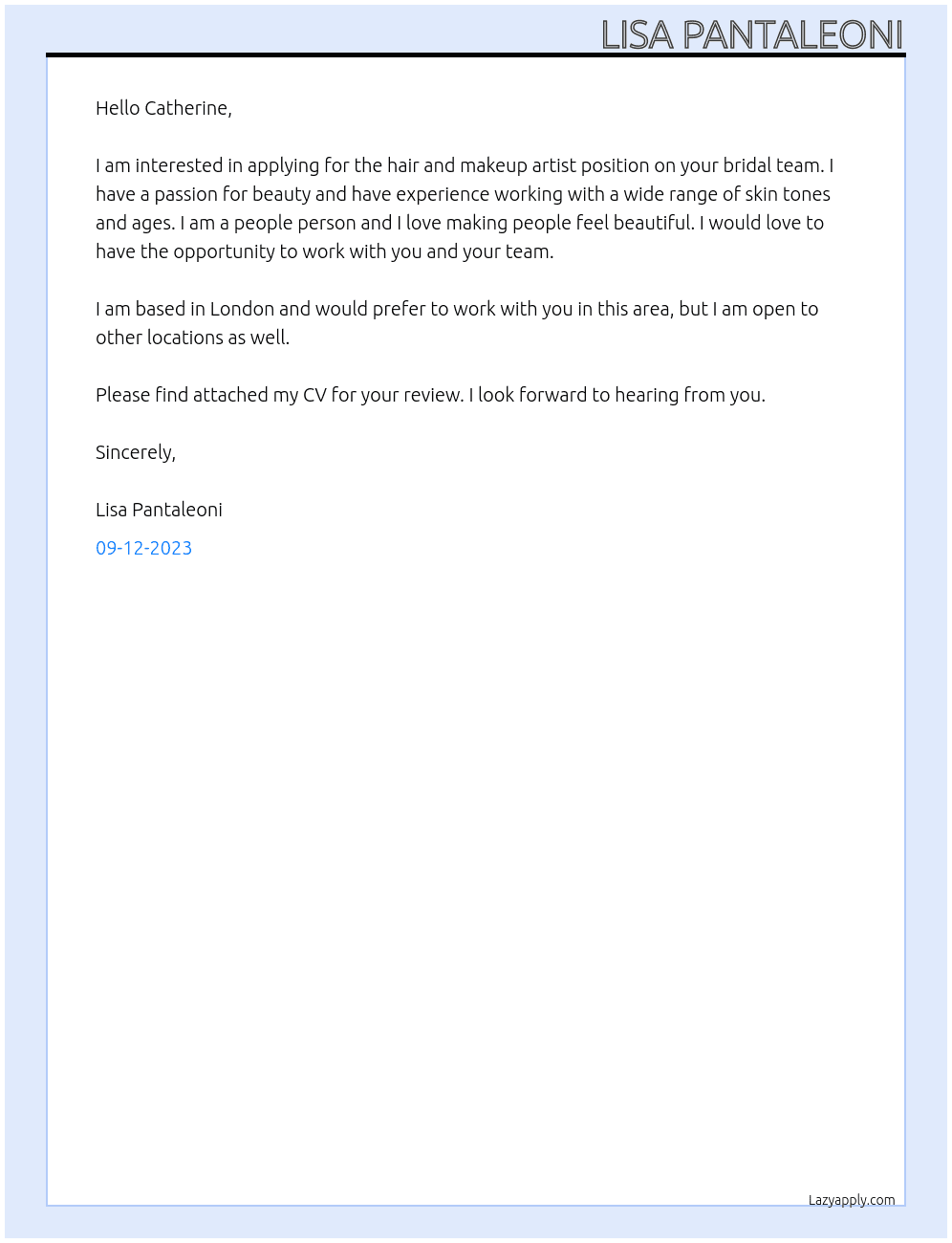 Hair and Makeup Artist At Catherine Taylor - Bridal Hair and Makeup Team Cover Letter