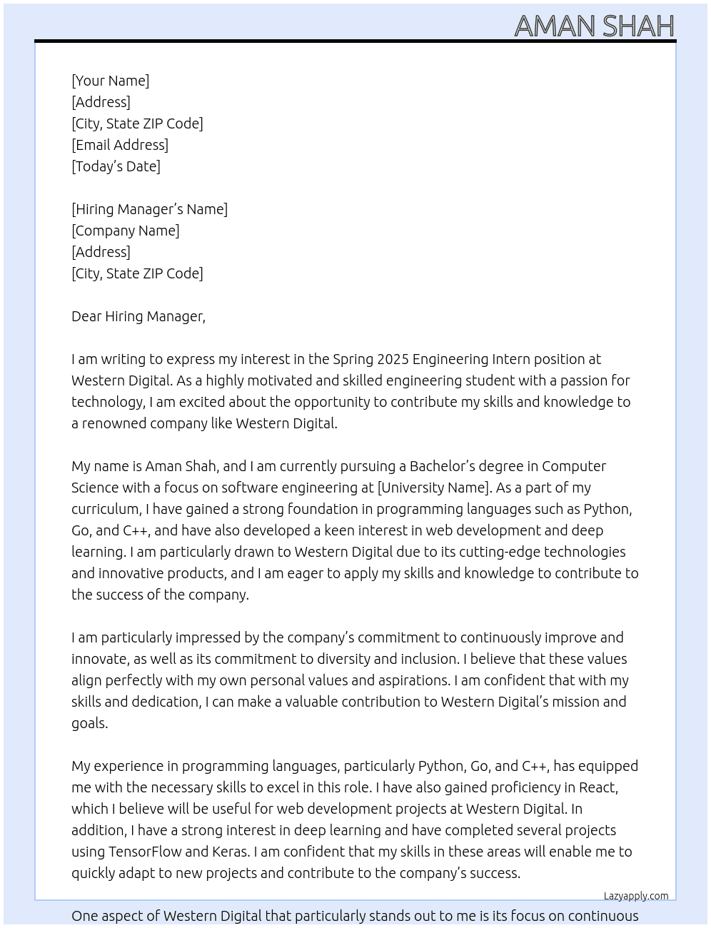 Spring 2025 Engineering Intern At Western Digital Cover Letter