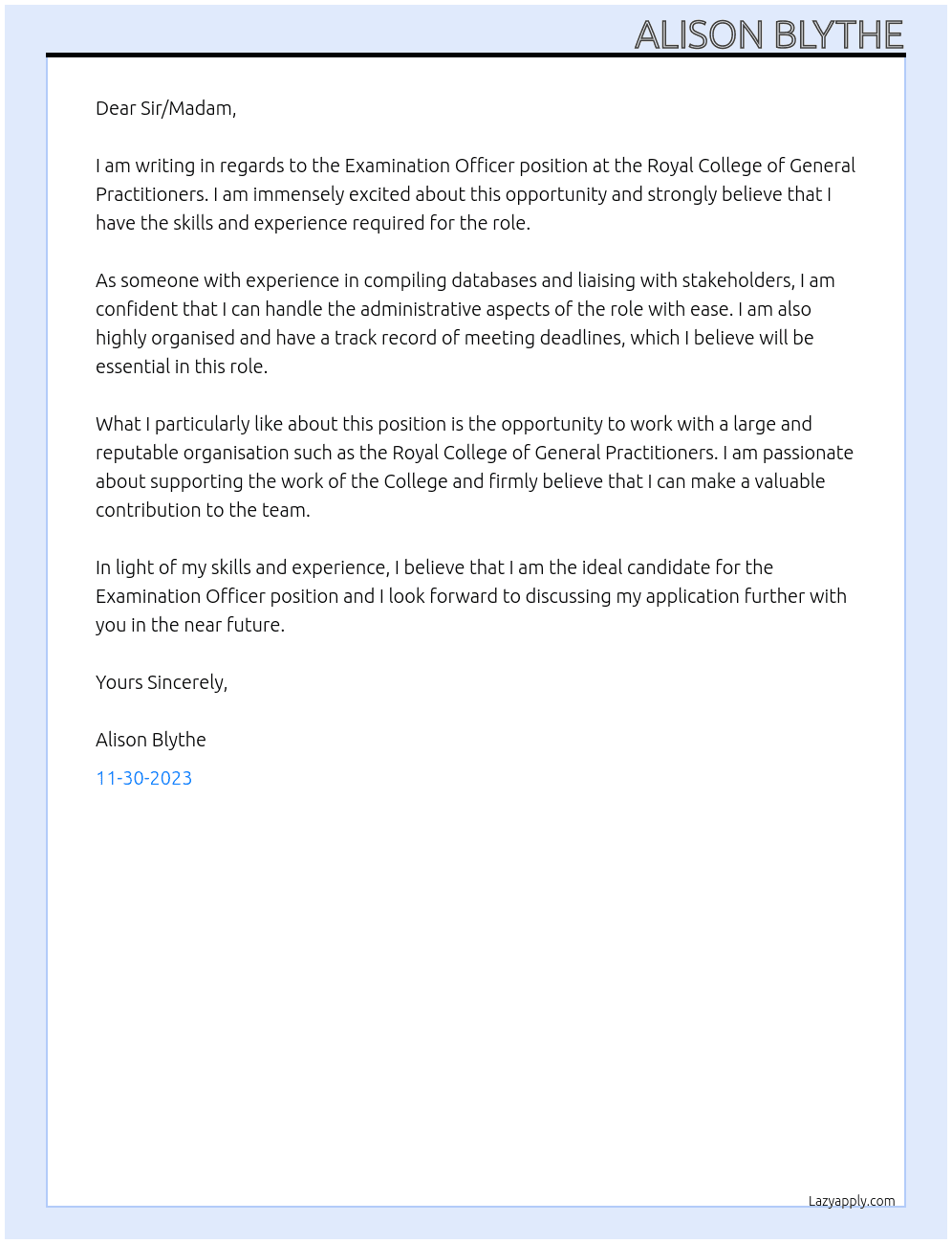 Examination Officer At Royal College of General Practitioners Cover Letter