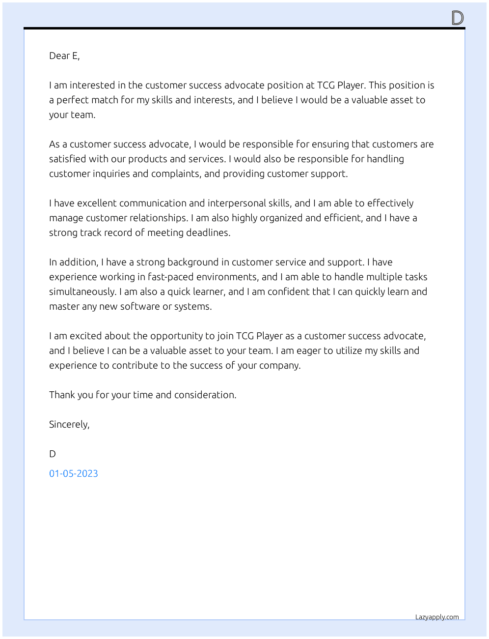 Customer success advocate At Tcg player Cover Letter