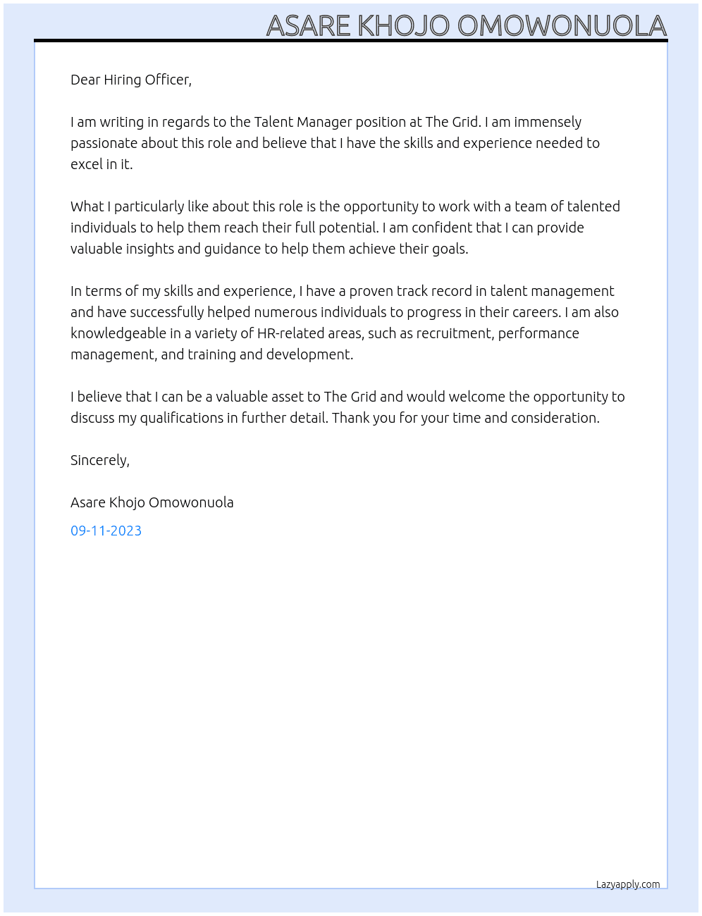 Talent manager At The Grid Cover Letter