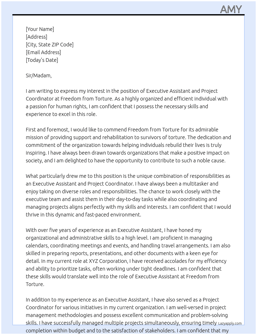 Executive Assistant and Project Coordinator At Freedom from Torture Cover Letter