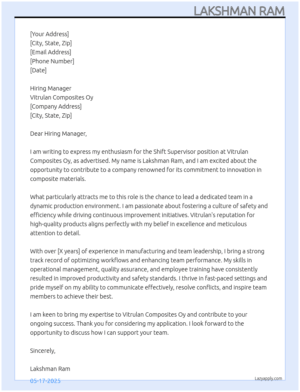 Shift Supervisor At Vitrulan Composites Oy Cover Letter