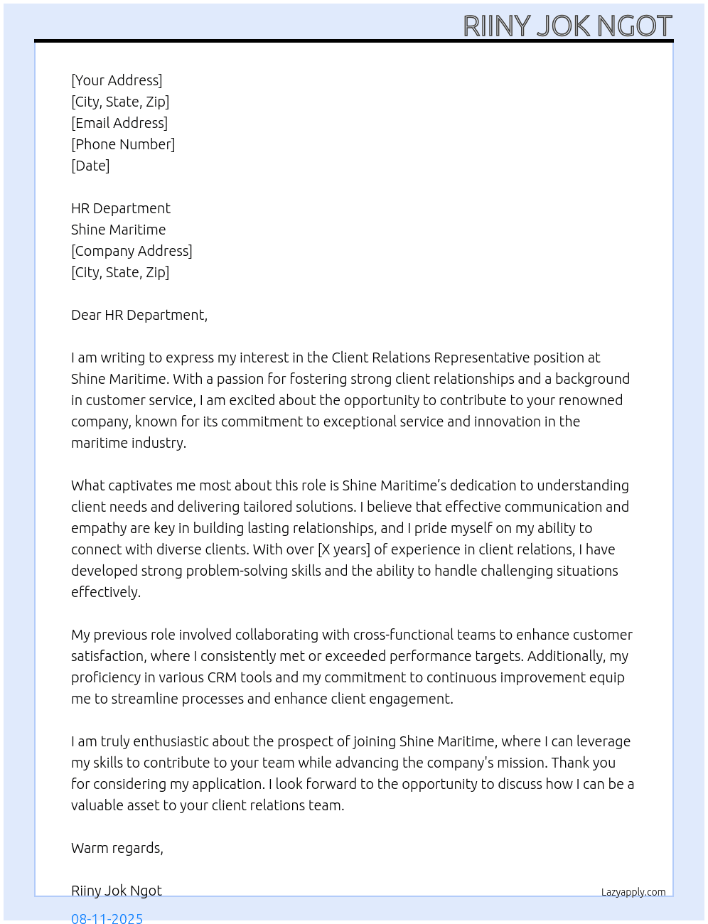 Client Relations Representative At Shine Maritime Cover Letter