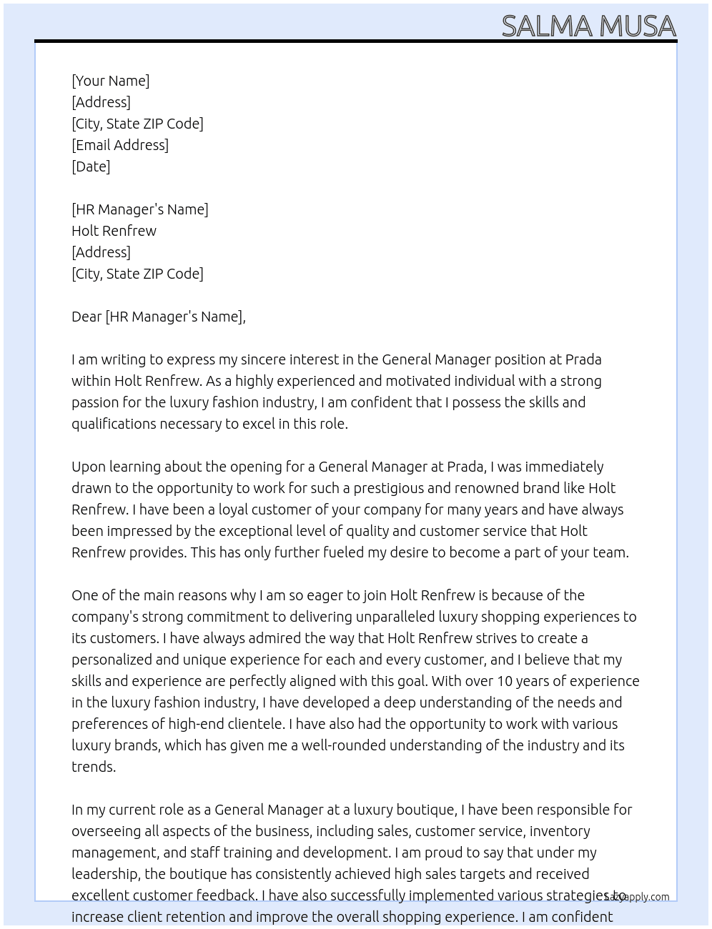 General Manager Prada  At Holt Renfrew Cover Letter