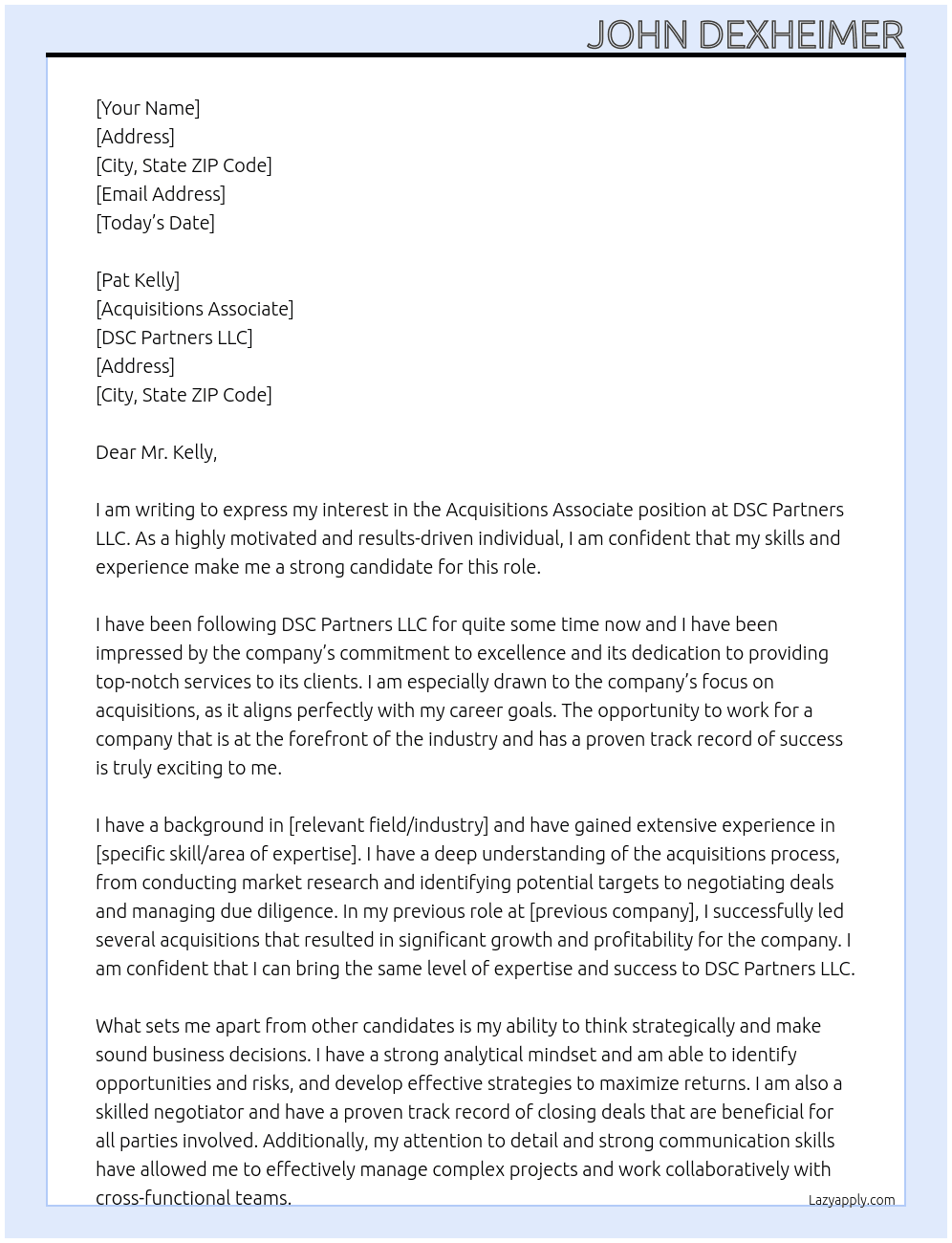 Acquisitions Associate At DSC Partners LLC Cover Letter