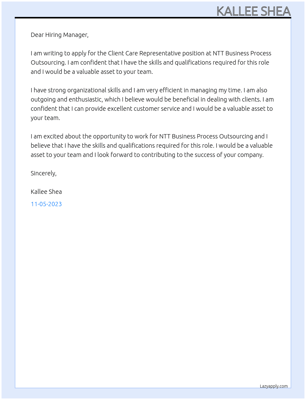 Client Care Representative At NTT Business Process Outsourcing Cover Letter