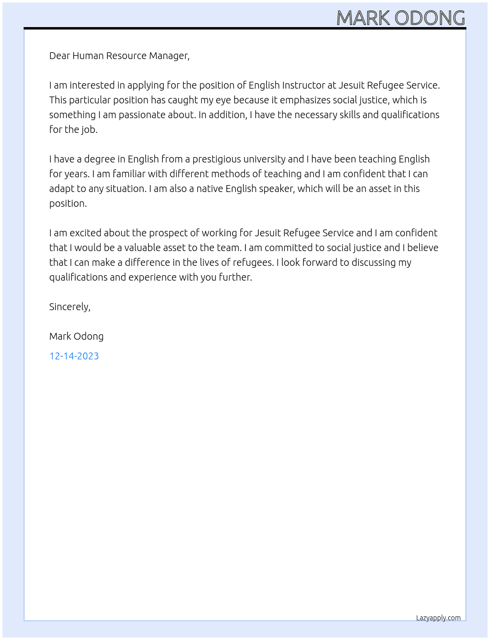 English Instructor At Jesuit Refugee Service Cover Letter