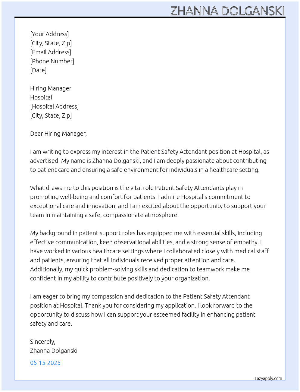 Patient Safety Attendant At Hospital Cover Letter