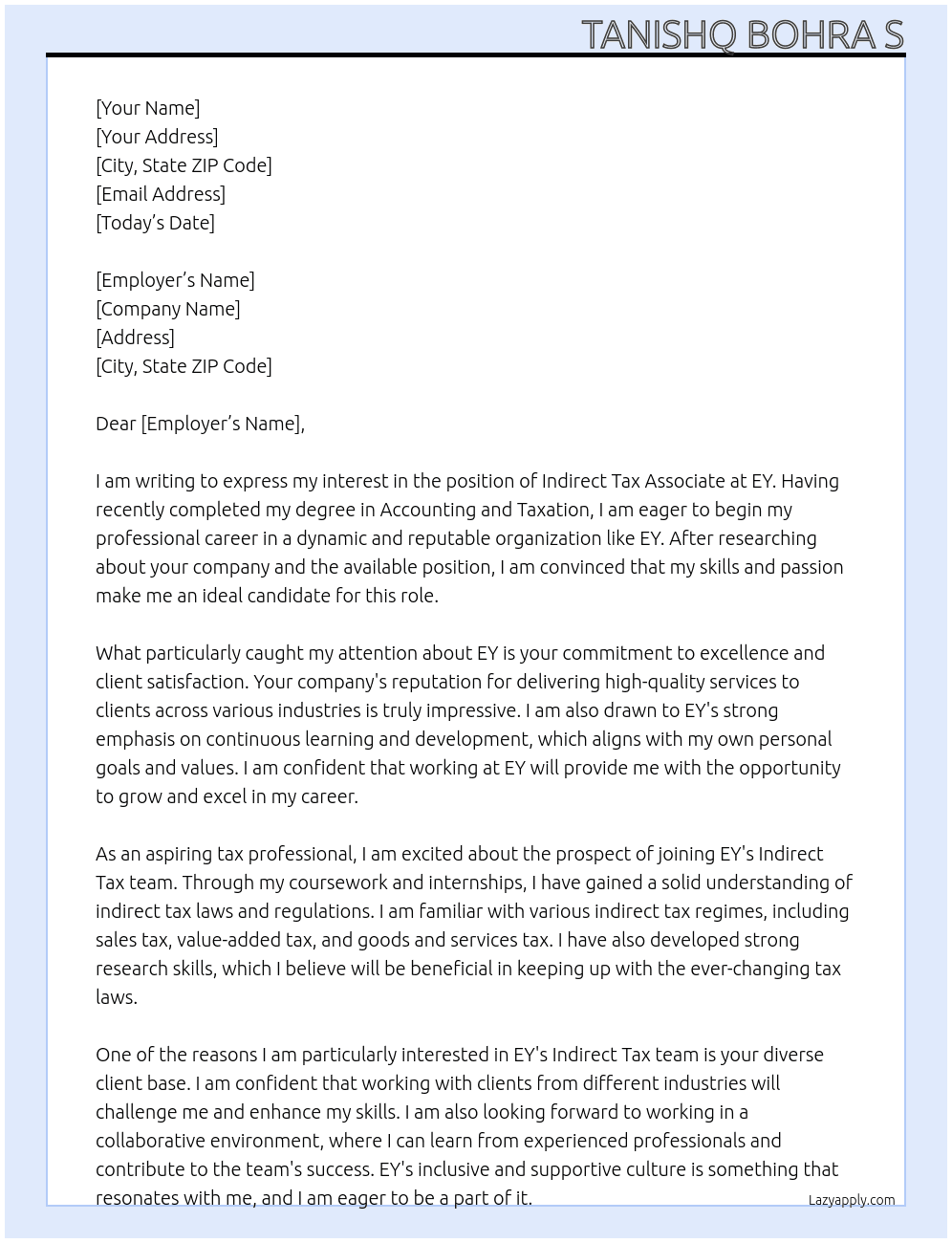 Cover letter for indirect tax associate - LazyApply