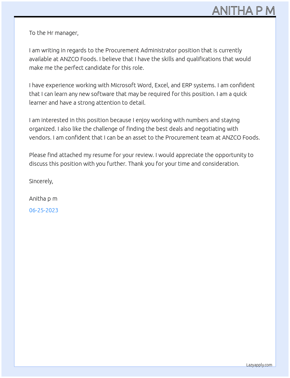 Procurement Administrator At ANZCO Foods Cover Letter