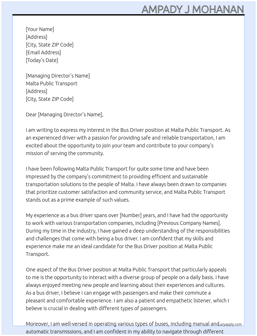Bus driver  At Malta public transport  Cover Letter