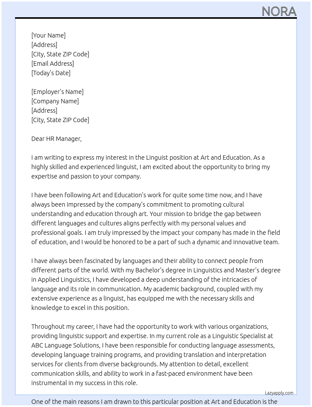 Linguist At Art and Education Cover Letter