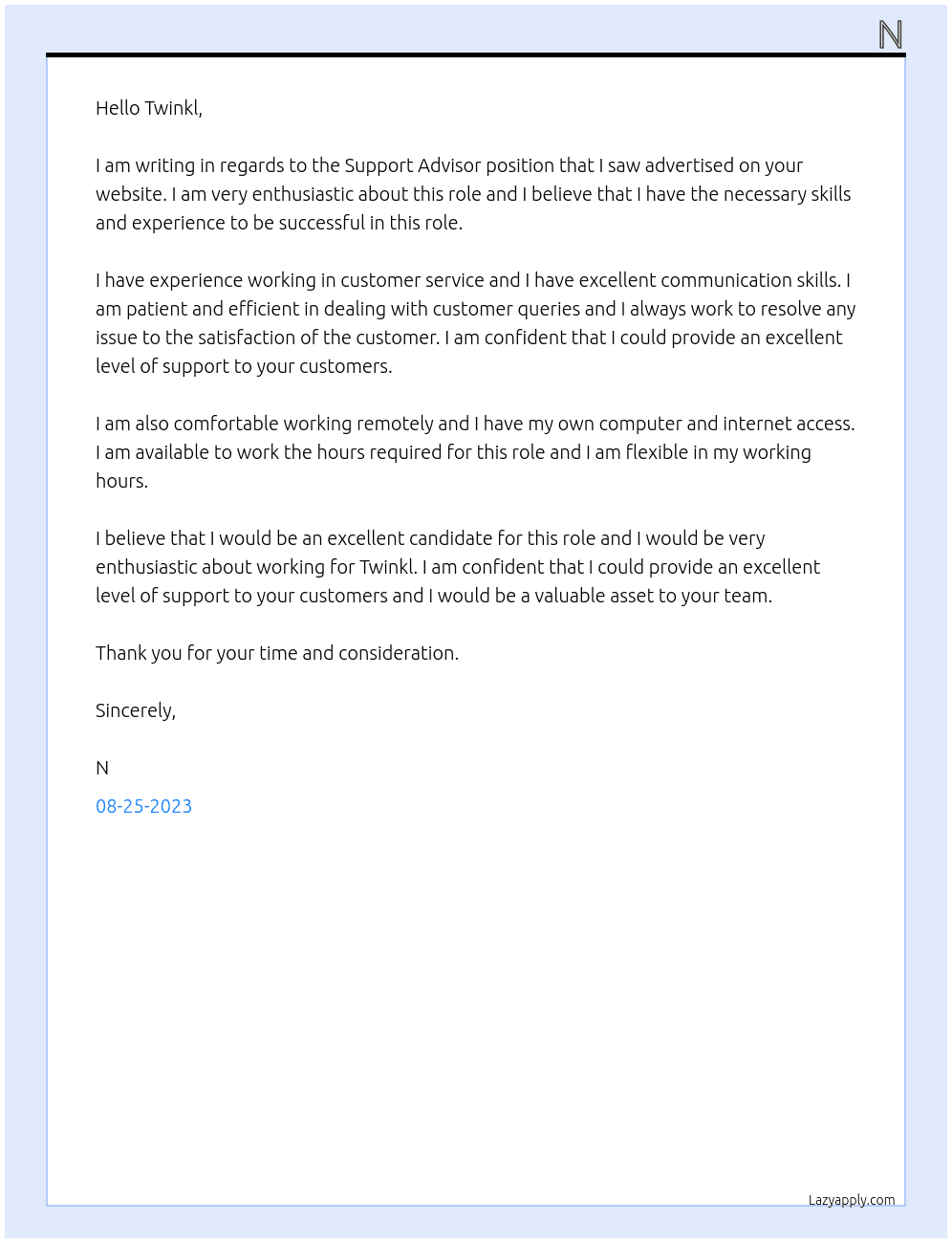 Support Advisor At Twinkl Cover Letter