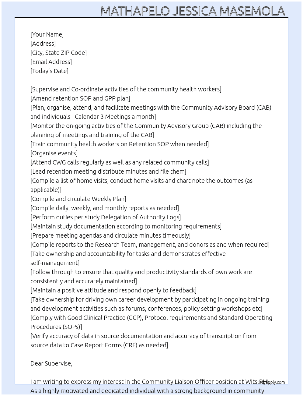 Community Liaison Officer At Wits-RHI Cover Letter