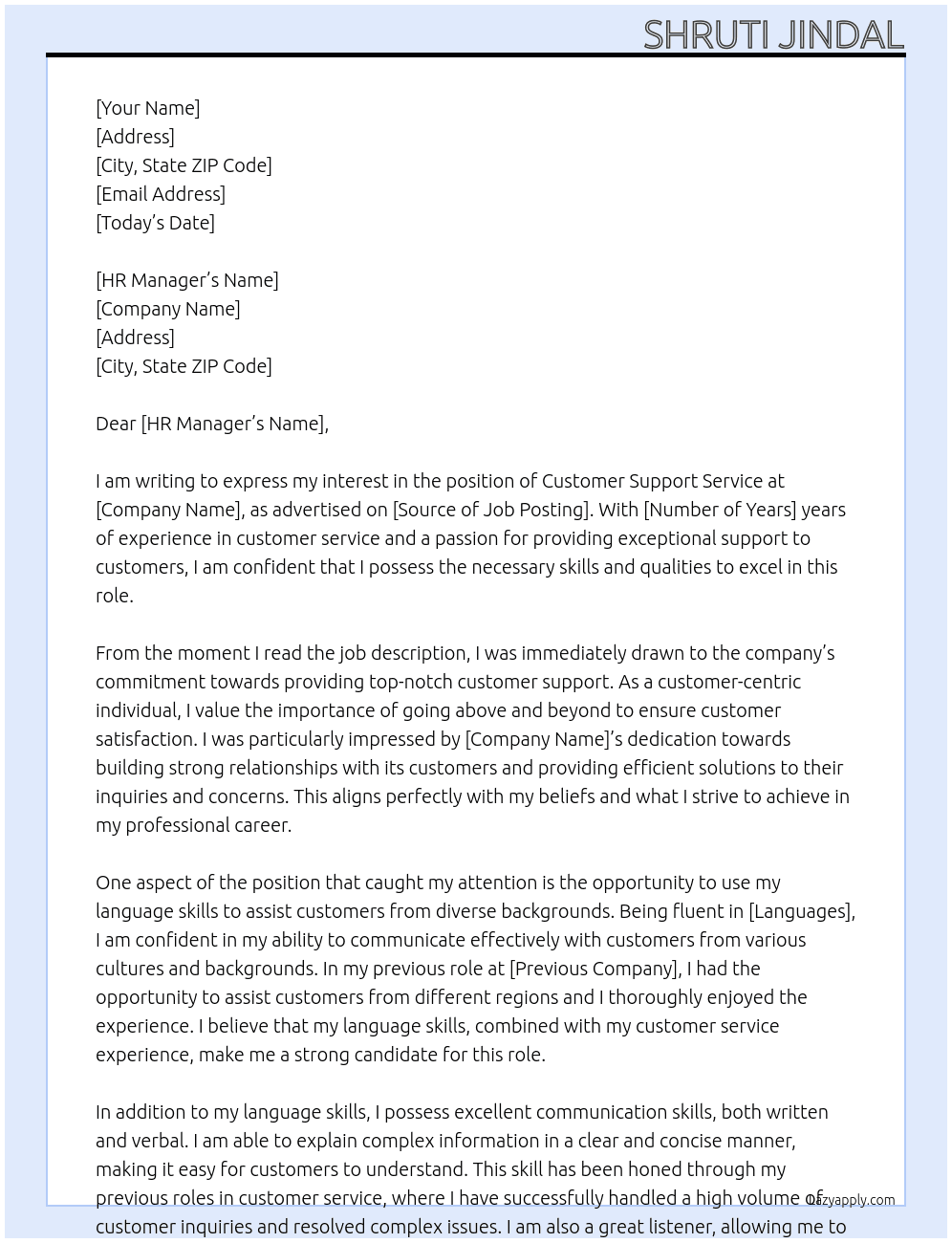 Customer support service  At Customer support service  Cover Letter