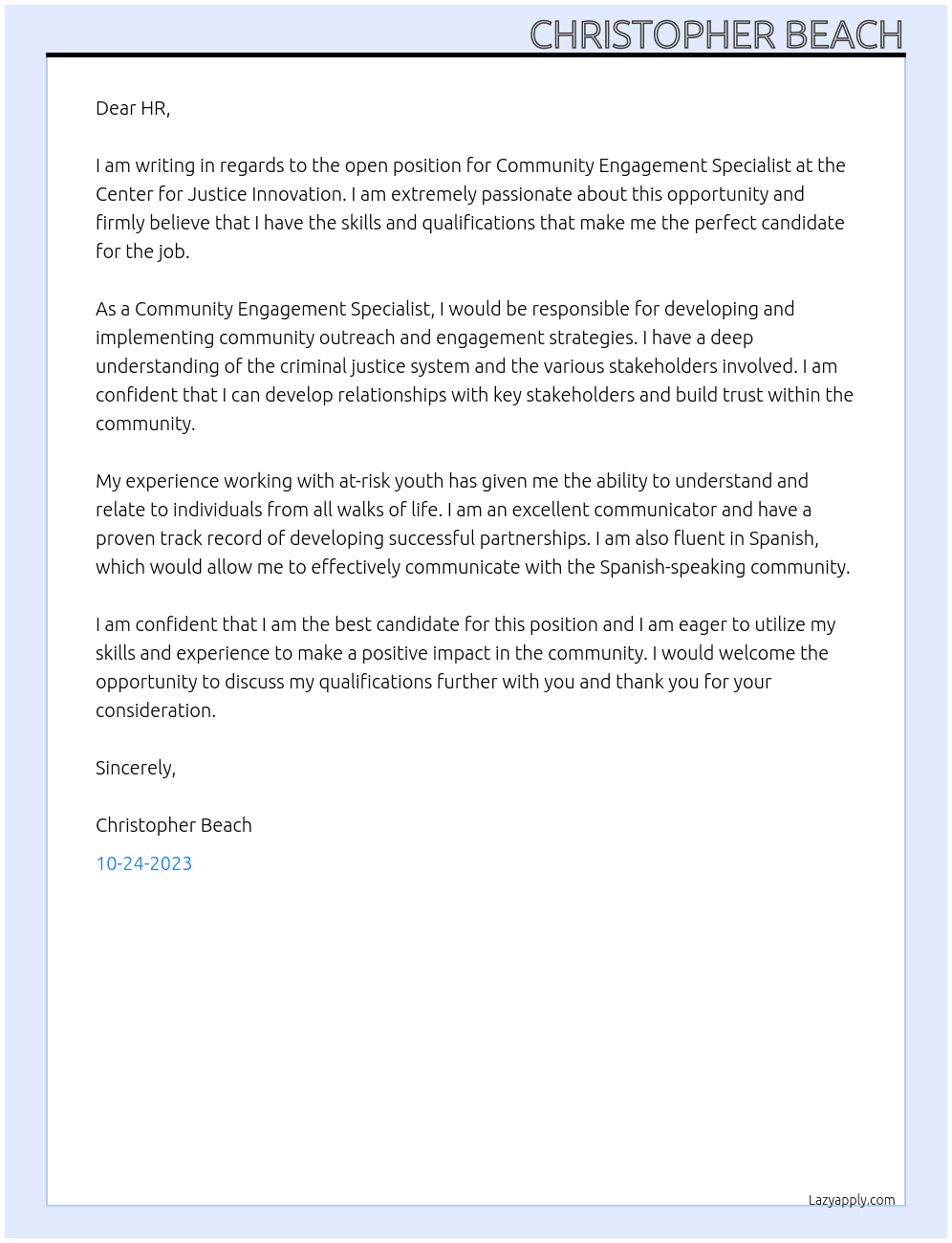 Community Engagement Specialist  At Center for Justice Innovation  Cover Letter